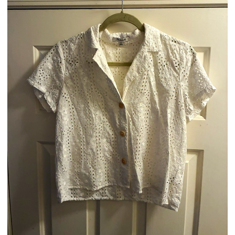 Madewell White Cotton Eyelet Floral Collared Short Sleeve Button-Up Blouse XS